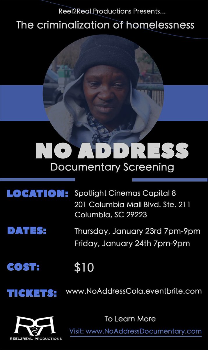 R2Rpro's tweet photo. Are you going??? The 2 Day Premiere Screening of NO ADDRESS Documentary! Part 1 of a 3 part series is coming to Columbia, South Carolina on Jan. 23rd and 24th at Spotlight Cinemas Capital 8 Get your tickets in advance at: https://t.co/6y2R9CGK2f #NoAddressdoc #Documentaries https://t.co/RZGekKPuIC