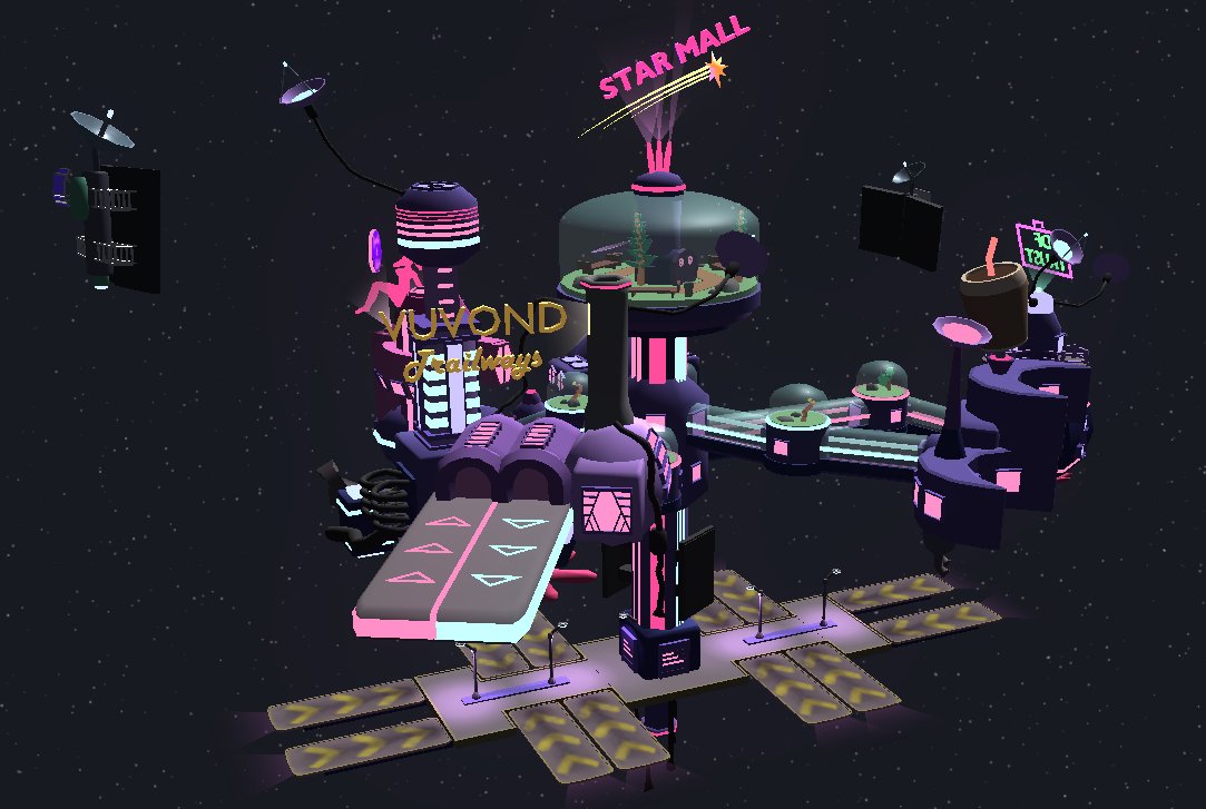 chaystar_john's tweet photo. This is the second of two star malls that we made over the holidays... PATE modelled these, and I've done the lighting / coloring / texturing. As u can see, Vuvond Trailways (the Bus company) exists at both stations. #HappyNewYear #mall #indiedev #lowpoly #gamedev #design #colors https://t.co/dOiIUcgv6n
