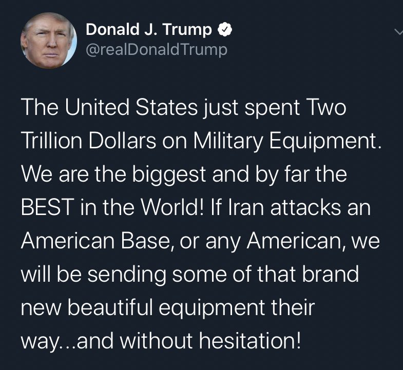 Trump tweet bragging about spending two trillion dollars on the military.