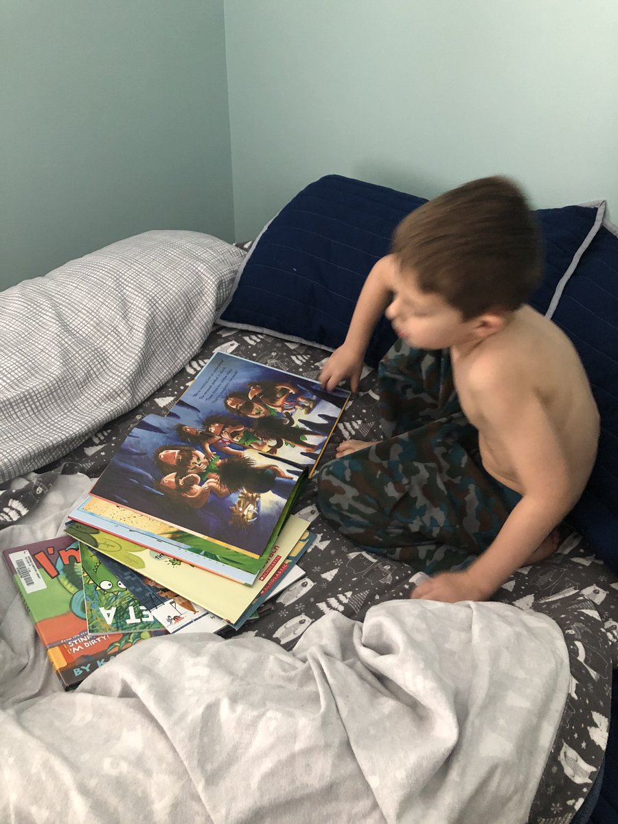 MsAHensley's tweet photo. He loves books but not independently. The teacher in me is having Daily 5 panic attacks. I told him the big kids read to self for 15 minutes and he was up for the challenge.  #buildingstamina https://t.co/3rA2CShrdJ