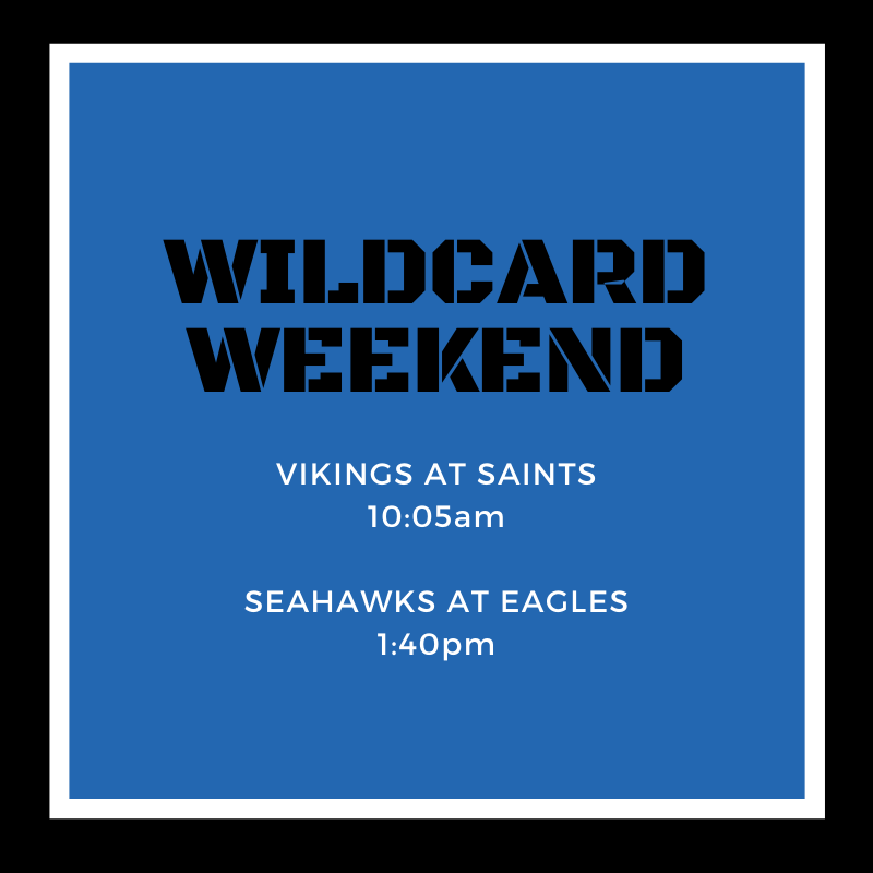 RustysPub's tweet photo. Wildcard Weekend continues this morning at 10:05am with the Vikings taking on the Saints followed by the SEAHAWKS taking on the Eagles kicking off at 1:40pm. https://t.co/kEzsBn8FE0
