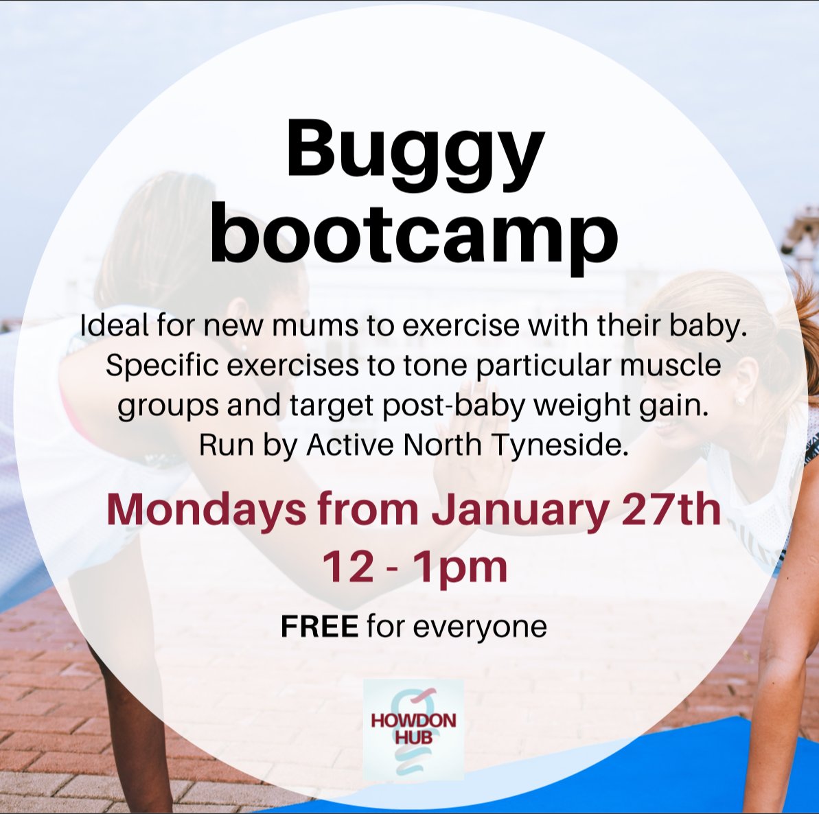 FamilyGatewayUK's tweet photo. This class at Howdon Hub is ideal for new mums to exercise with their baby! Specific exercises will tone particular muscle groups and target post-baby weight gain. Run by @active_NT 🤩 starts 27th January. 

#buggybootcamp #bootcamp #activenorthtyneside #newyearnewyou https://t.co/qbzF1GficC