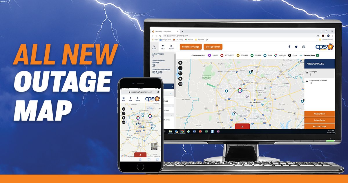 Power outages can happen unexpectedly, so it’s best to prepare ahead of time by keeping cell phones charged and having fresh batteries in flashlights. Keep our outage map handy as a quick and easy way to view current outages, report an outage and more: cpsenergy.com/outagemap