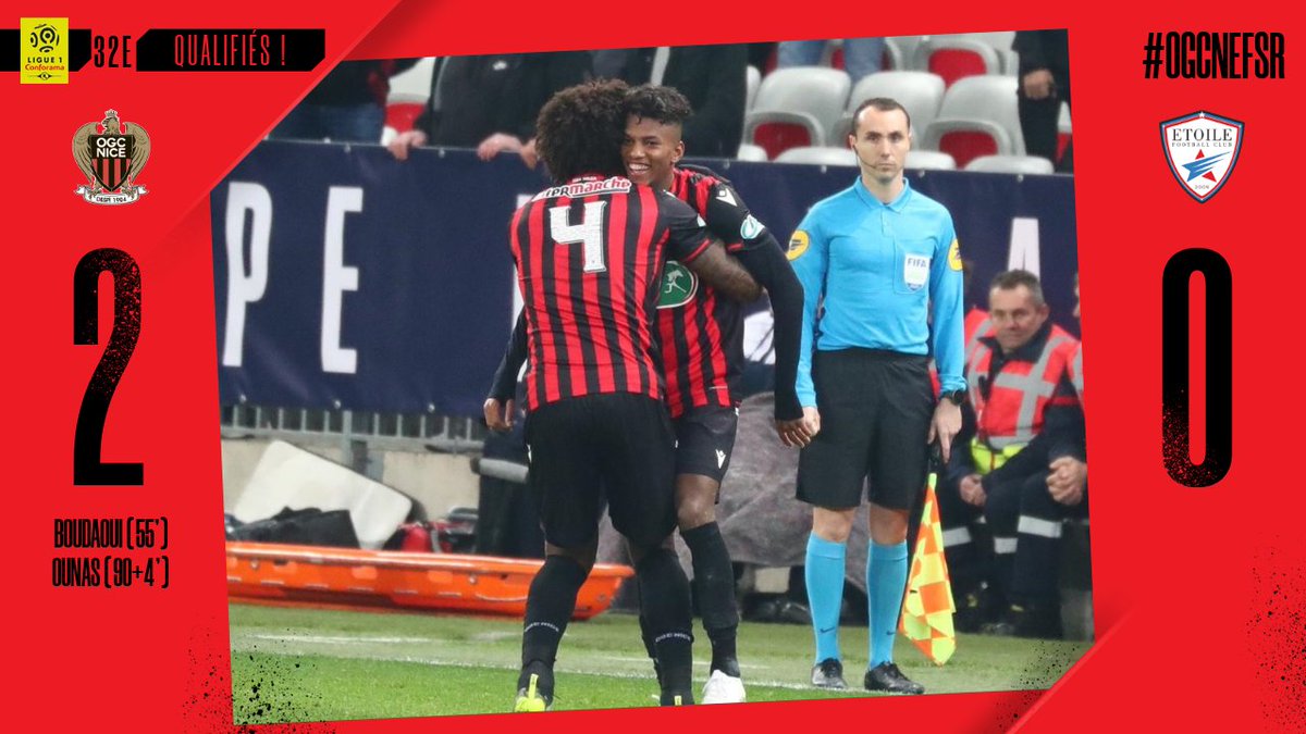 ogcnice_eng's tweet photo. Le Gym secure their place in the Round of 32 of the @coupedefrance, thanks to goals from Hicham Boudaoui and @adamounas11 🔴⚫️

#OGCNEFSR https://t.co/JMnfmSTwPS