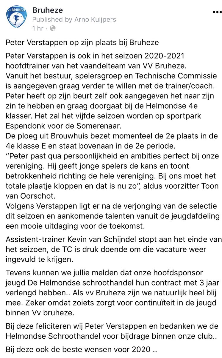 Peter Verstappen ook in het volgende seizoen 2020-2021 hoofdtrainer bij onze club!!