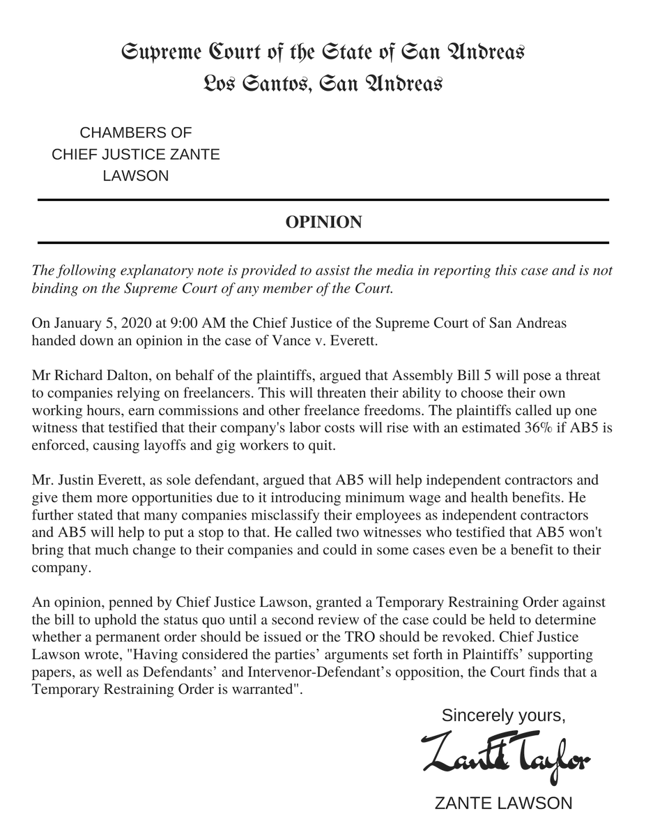 SASupremeCourt's tweet photo. OPINION: Chief Justice Lawson grants temporary restraining order against AB5 until further review. https://t.co/C8UlAdvg2K
