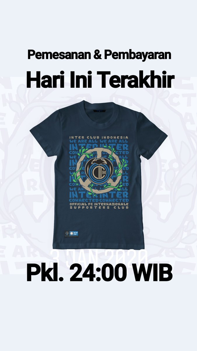 Hari ini terakhir bagi yg blm pesan. Seluruh profit pembuatan T-Shirt akan didonasikan kepada korban bencana banjir di beberapa lokasi di Indonesia.

Info Lengkap hubungi?
CP : 085781821908 (WA Only)

Forza Inter 🔵⚫