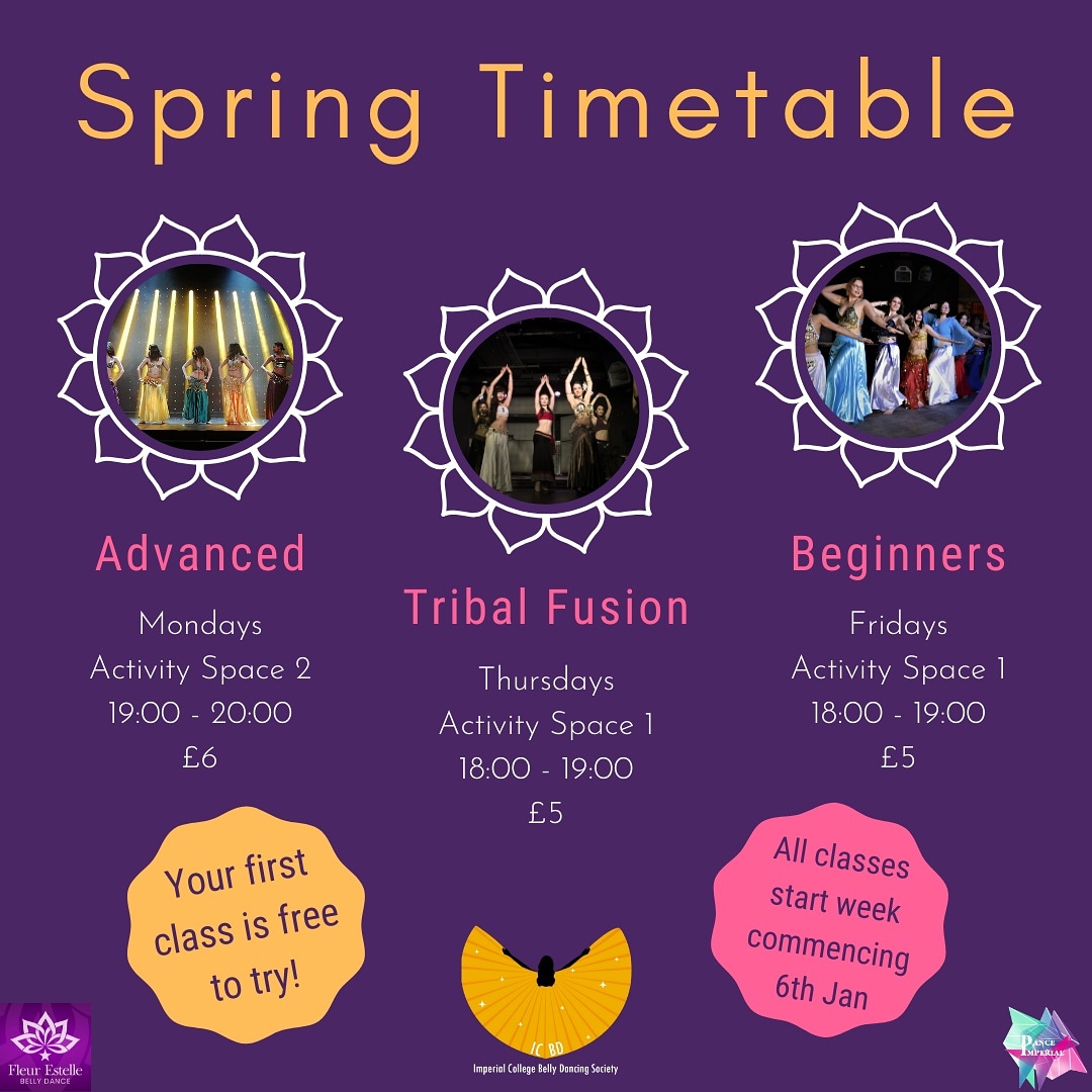 Classes are continuing at their usual times this term, starting this week! 😁

Tribal and Beginners are 9 week terms, from w/c 6th January to w/c 2nd March. Advanced has a 10th class on 16th March, the week after show week.

Not danced with us before? Your first class is FREE 💃