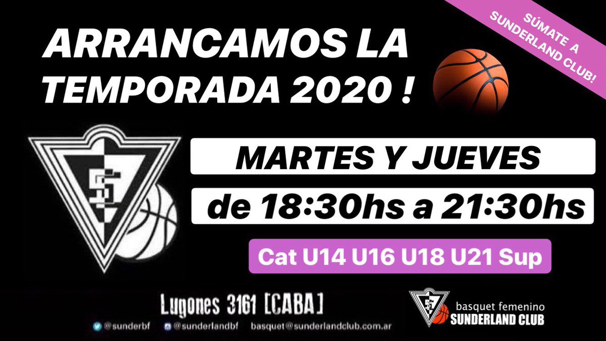 SunderBF's tweet photo. ARRANCA LA TEMPORADA 2020 EN SUNDERLAND CLUB ! 🏀
Veni a ser parte de nuestro básquet femenino ! ⛹🏻♀️
📅 Martes y Jueves.
⏰ 18:30hs a 21:30hs.
📍 Lugones 3161, CABA.
📩 Cualquier duda al MD⠀⠀⠀⠀⠀⠀⠀⠀
Te esperamos!
(Horarios solo de Enero)
#VamosSunder 🖤 https://t.co/33fTSbBajh