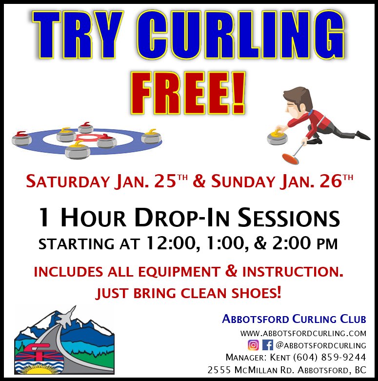 Make 2020 the year you try something new! We're hosting a free Try Curling weekend on Jan. 25 and 26. No need to register, just drop in for the session of your choice: 12:00, 1:00, or 2:00 pm.

#curling #abbotsford #fraservalley