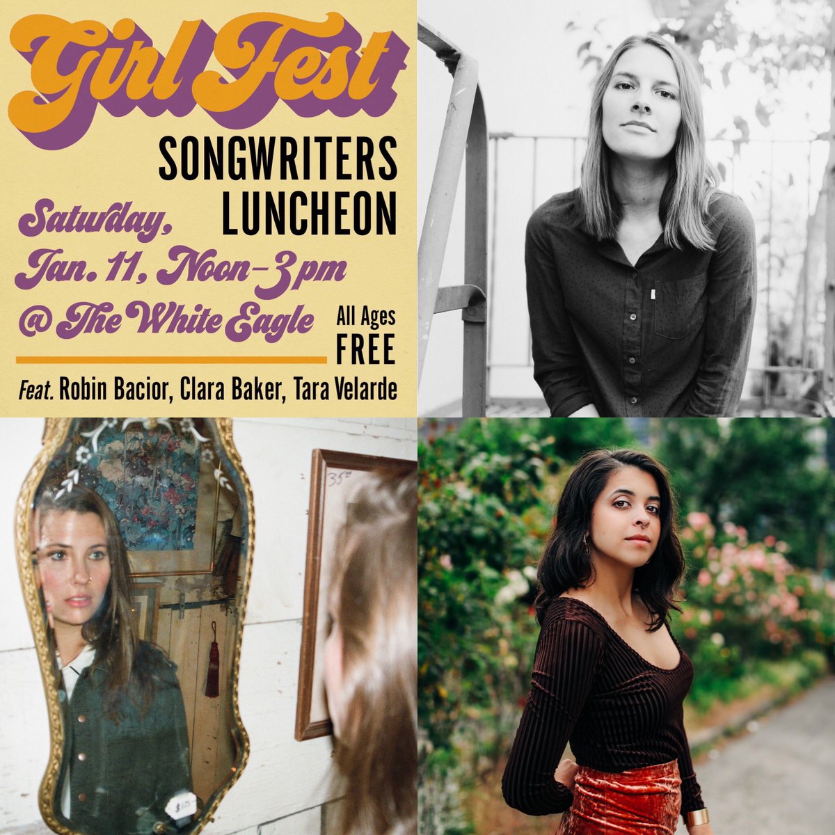 girlfestnw's tweet photo. ONE WEEK TIL #GIRLFEST2020!!!!!!!! Jan 11 &amp; 12! ALL AGES! 🙌✨

Saturday:
Noon-3pm — Songwriters Luncheon at @TheWhite_Eagle with Robin Bacior, Clara Baker and Tara Velarde

5-7pm — Comedy Happy Hour at @thehallowedhall with @katemurphys @BeckyFromAlaska and @awkwardlyours

(1/2) https://t.co/sPN7TGwCpe