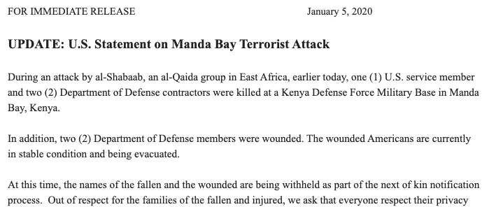 Update to the Al Shabab attack in Kenya: three Americans were killed and two more were wounded