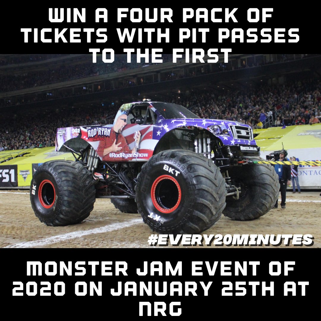 rodryanshow's tweet photo. Here is your chance to win the seventh four-pack of tickets with pit passes to the @MonsterJam show on January 25th At NRG stadium. Retweet this post using  #monsterjam for your chance to win. Winner selection at 8:20 am. https://t.co/g6xWjlATUN