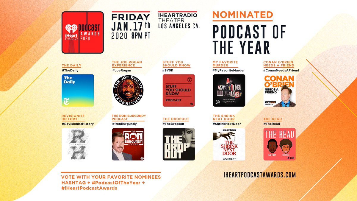 In 12 days, we will be crowning #PodcastOfTheYear at our 2020 #iHeartPodcastAwards! Who do you want to win? 🏆

Make sure you cast your vote now on Twitter using the hashtags above and your favorite nominee's hashtag! 

(See Graphic 👇)