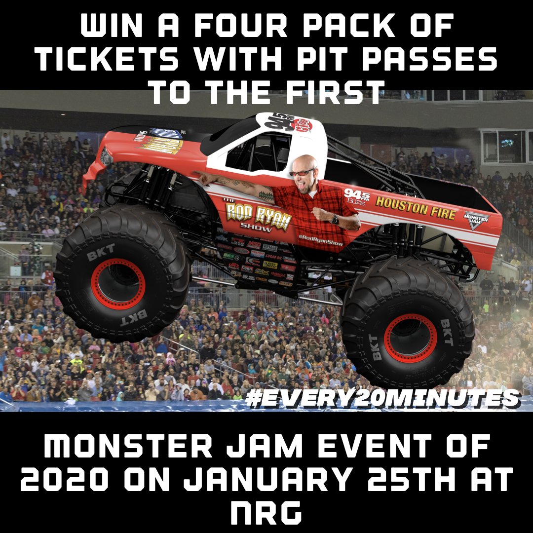 rodryanshow's tweet photo. Here is your chance to win the eleventh four-pack of tickets with pit passes to the @MonsterJam show on January 25th At NRG stadium. Retweet this post using  #945thebuzz for your chance to win. Winner selection at 9:40 am. https://t.co/ANSGAsz12T