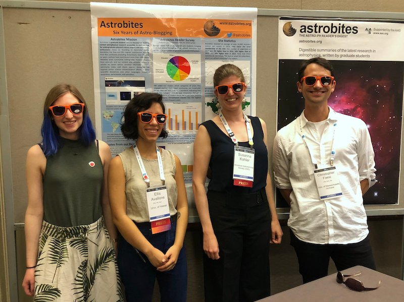 Four people wearing orange sunglasses are facing the camera and smiling while standing in front of two posters with the word "astrobites" at the top