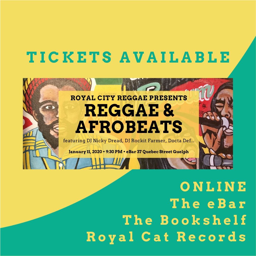 Tickets for THIS Saturday’s reggae night at The eBar are available.  Music starts at 9:30pm with DJ Nicky Dread, Docta Def, and DJ Rockit Farmer 🔥 Come join us in Guelph.