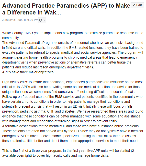 jzalkin's tweet photo. A look back ten years - Advanced Practice Paramedics (APP) to Make a Difference in Wake County
January 5, 2009 @WakeCountyEMS  #APP #ChangeIS @bmyersmd @cabanasmd https://t.co/K4YxWjn7T0
