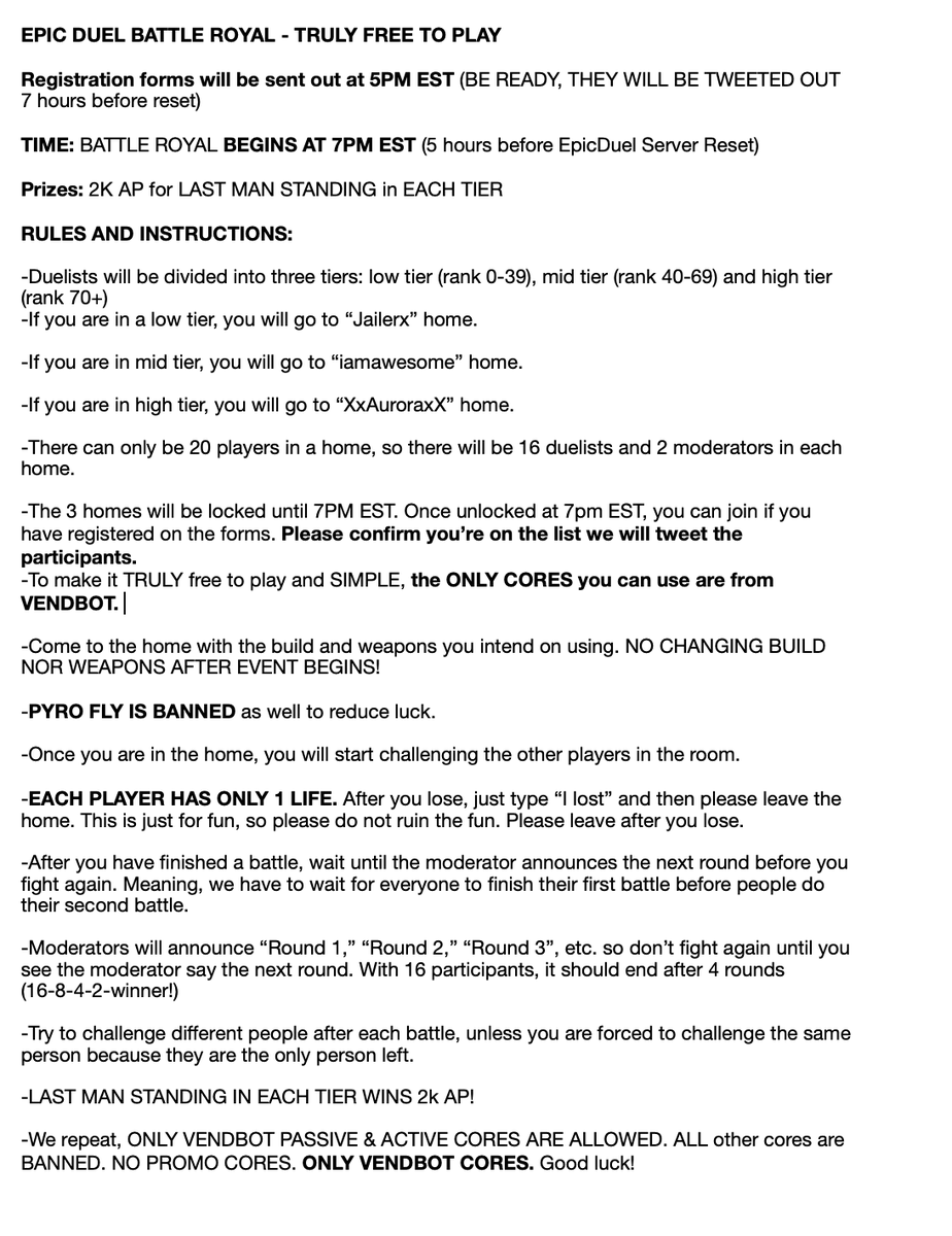 iamawesome_ED's tweet image. Announcing the first EPICDUEL BATTLE ROYALE, which will be held TONIGHT at 7PM EST (5 hours before reset.) The 3 registration forms will be sent out ONE HOUR from this tweet, so be ready! Check the rules below for all the details! Prizes sponsored by @No0va_BHamade #edcodes #ED2