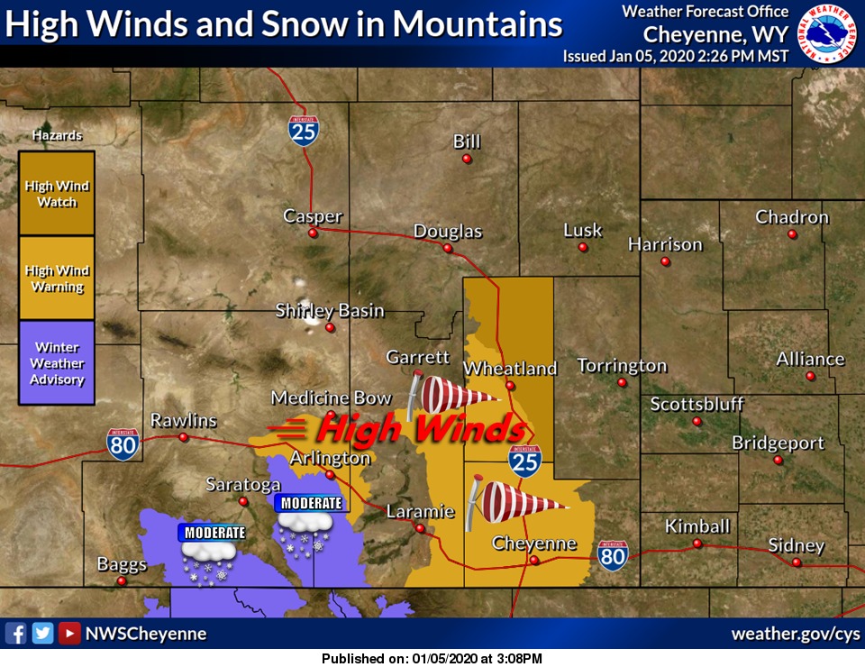 Winter Weather Advisories for Snowy/Sierra Madre Ranges. High Wind
