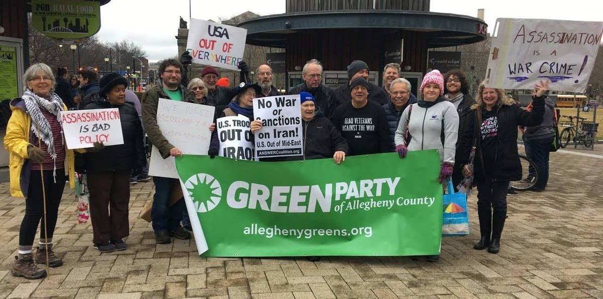 Greens rallied for peace on Saturday with other organizations, demanding #NoWarOnIran and a withdrawal of US troops from Iraq. We demand a path to peace and prosperity for all peoples, not war. #BeSeenBeingGreen