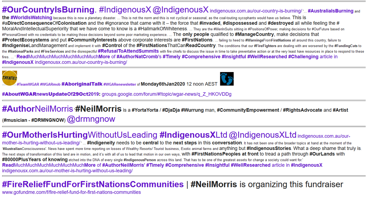 WgarNews's tweet photo. #NatalieCromb: #OurCountryIsBurning '#aDirectConsequenceOfColonisation' https://t.co/B9N9lkvORS | #NeilMorris: #OurMotherIsHurtingWithoutUsLeading #IndigenousX https://t.co/KYujkV6VIp | #FireReliefFundForFirstNationsCommunities https://t.co/2DpRn62vN3 | https://t.co/WYT1O9N2i6 https://t.co/OtsRUaykwH