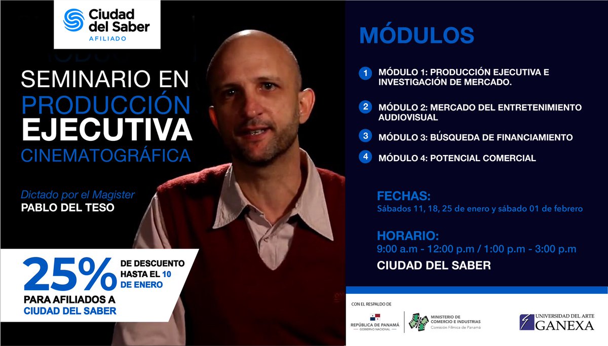 El próximo 11/01 iniciamos el Seminario de Producción Ejecutiva Cinematográfica con un 25% de dcto. para Afiliados de <a href="/CiudaddelSaber/">Ciudad del Saber</a> 
Inscríbete: info@ganexa.edu.pa
