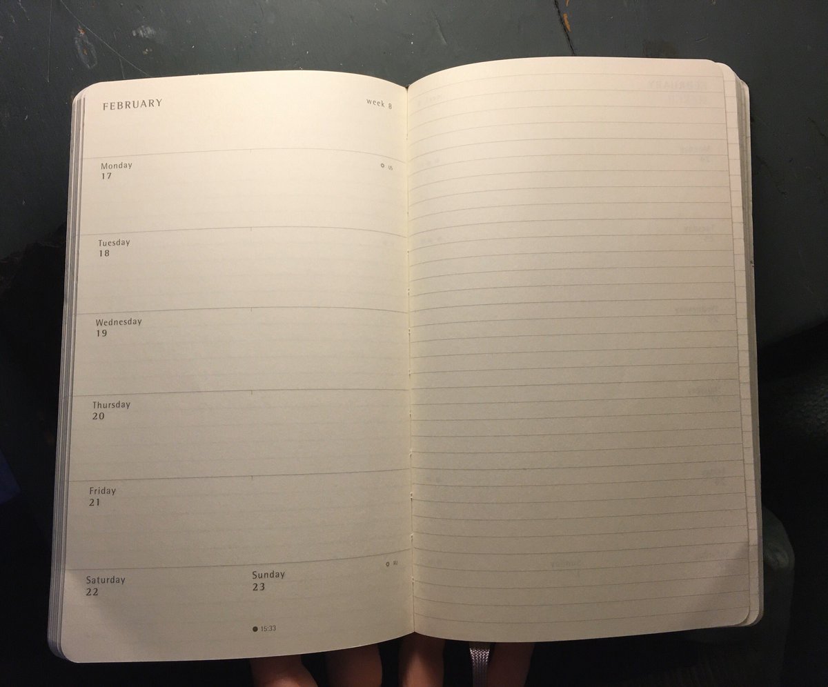 Photograph of an open page spread in a new Moleskine weekly diary / planner. Fingers from the hand holding up the notebook are visible at the bottom of the image, partially concealed by the notebook. Behind the hand and the book, the background consists of a wooden surface painted Delft-blue, but lightly chipped in places.
