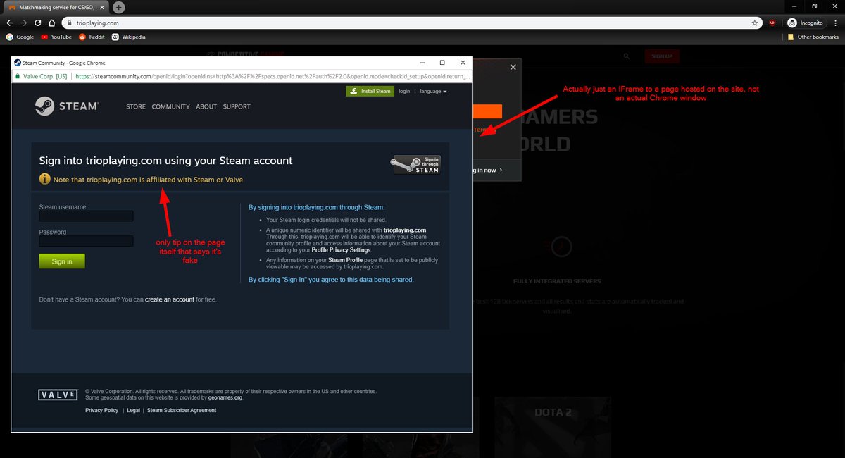 theaaplfreak's tweet photo. Huh, looks like Steam scams are evolving. Someone tried phishing me with this really clever fake Steam login page earlier today, which mostly failed because I opened the window on my small second monitor. Watch out, everyone. https://t.co/npGbmAqjgH