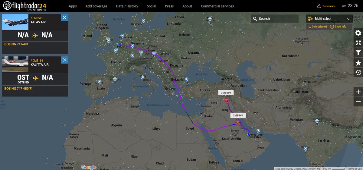 Andy007_SR_A's tweet photo. N701CK / #CMB164
Kalitta Air 
Boeing 747-4B5(F)

05-01-2020 - Fort Bragg > Ostend > Kuwait

N263SG / #CMB591
Atlas Air
Boeing 747-481

05-01-2020 - Departed Al Udeid AB
04-01-2020 - Langley AFB > Frankfurt > Al Udeid AB https://t.co/tR7ZAd8hiX
