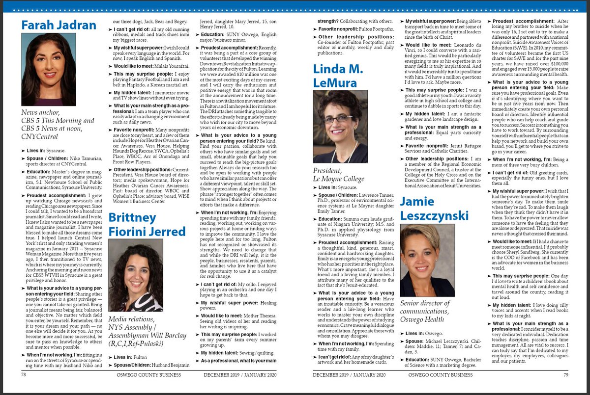 FarahJadran's tweet photo. Honored to be featured in "Women Who Make Difference" in Oswego County Business Magazine alongside @MegsNewsFlash, former co-workers &amp; many more amazing women. Humbling because CNY has been great to me. Feels right to try &amp; give back. All articles: https://t.co/zuyEO4jTC8 https://t.co/5Cm0S2WmdW