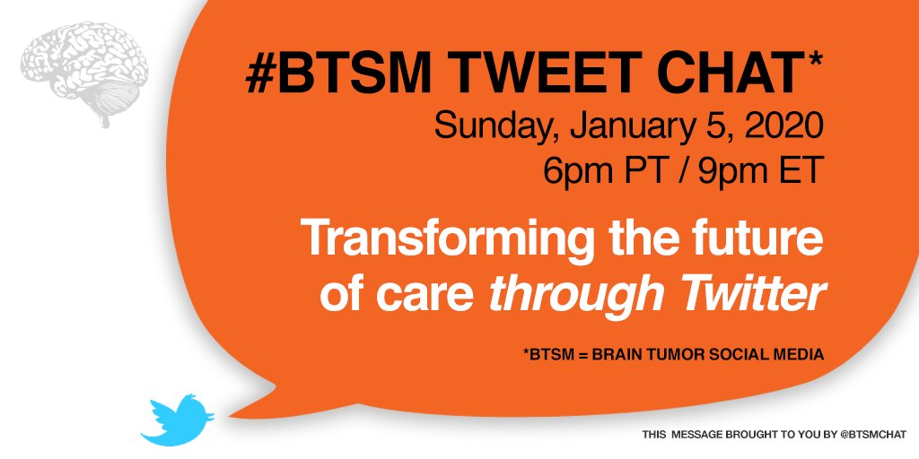 BTSMchat's tweet photo. #BTSM tweet chat starts in 2 hours!
Tonight we are focusing on what the brain tumor/cancer community wants to see us striving for in 2020 and beyond.
Join us in a conversation about how we might transform the future of care together through Twitter.
#ptxp https://t.co/J4kF3x9oDg