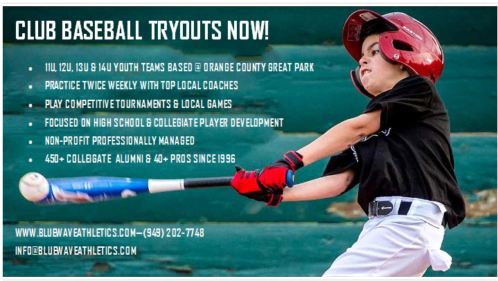 Blue Wave tryouts start 5 PM MON JAN 6 at OC Great Park Baseball Fields 6-7-8 in Irvine.