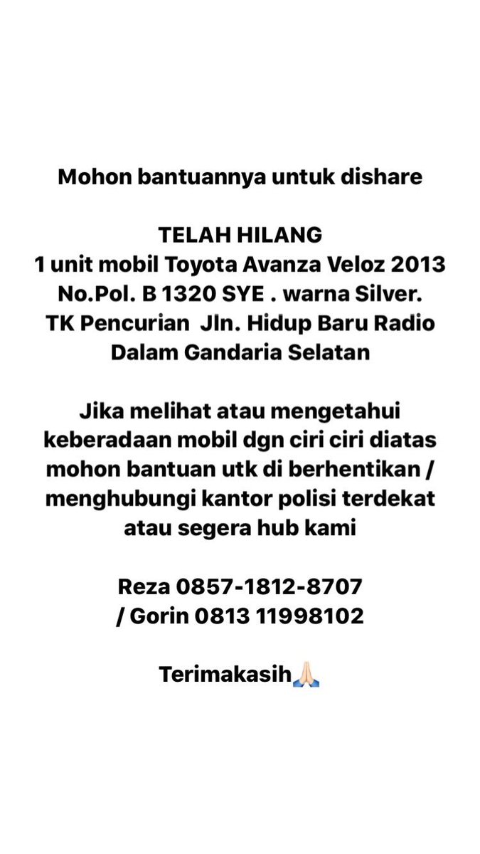 gladysvvr's tweet photo. TWITTER PLS HELP😭
kejadiannya baru bgt sekitar subuh tadi. didalem mobil banyak barang2 kerja bokap dan ini mobil operasional kerjaan bokap gue. gatau lagi gimana kalo sampe ilang semua:( https://t.co/pU3c5wrELz