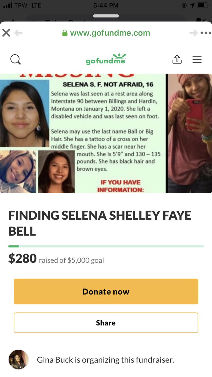 TyleeBuck1's tweet photo. There’s now a go fund me for Selena. Anything helps. #hopeforsal #bringherhome https://t.co/fwhHs6Ju3n