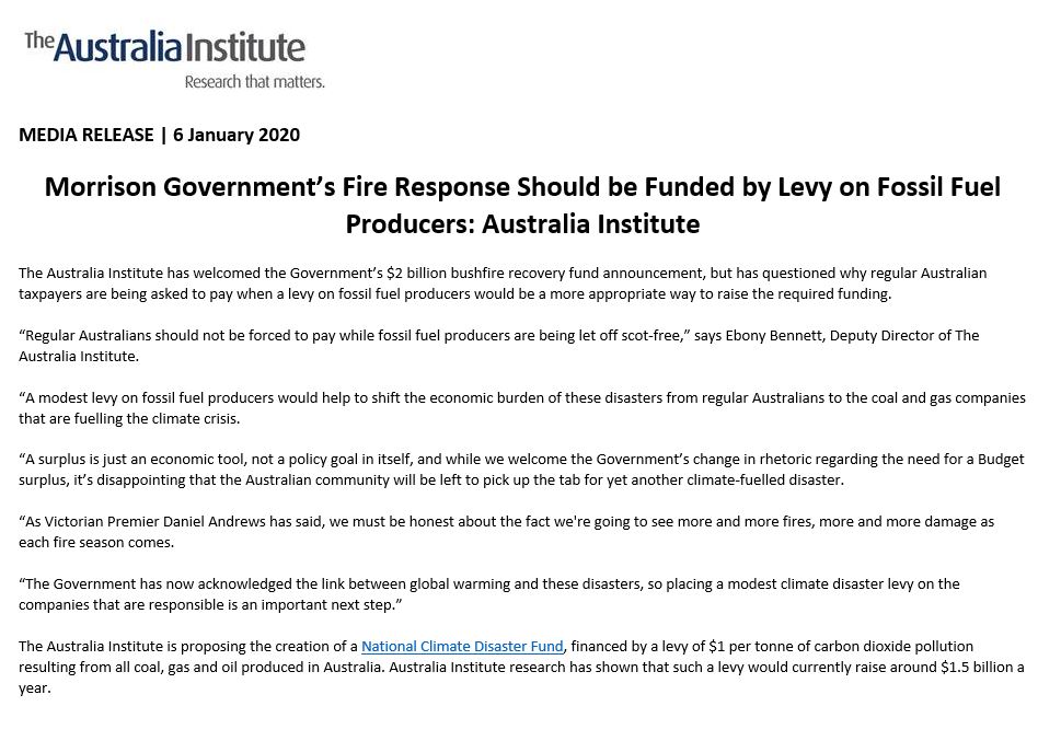 TheAusInstitute's tweet image. Morrison Government’s Fire Response Should be Funded by Levy on Fossil Fuel Producers

“Regular Australians should not be forced to pay while fossil fuel producers are being let off scot-free,” says @ebony_bennett, Deputy Director of The Australia Institute.
#bushfirecrisis