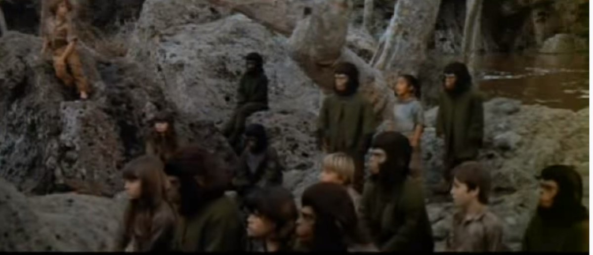 The mutants get killed by The Commune. Centuries later, the Big Name Monkey Suited Actor explains how this led to ape and human children living together, even though this directly contradicts ALL THE THINGS THAT MUST HAPPEN IN THE FUTURE ACCORDING TO THE FIRST TWO MOVIES. /16