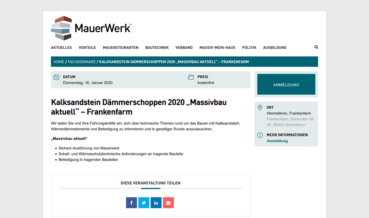 MauerWerk_DGfM's tweet photo. save the date - 16. Januar #Kalksandstein Dämmerschoppen 2020 in der #Frankfenfarm - jetzt anmelden! https://t.co/0JQ4BxKAD9