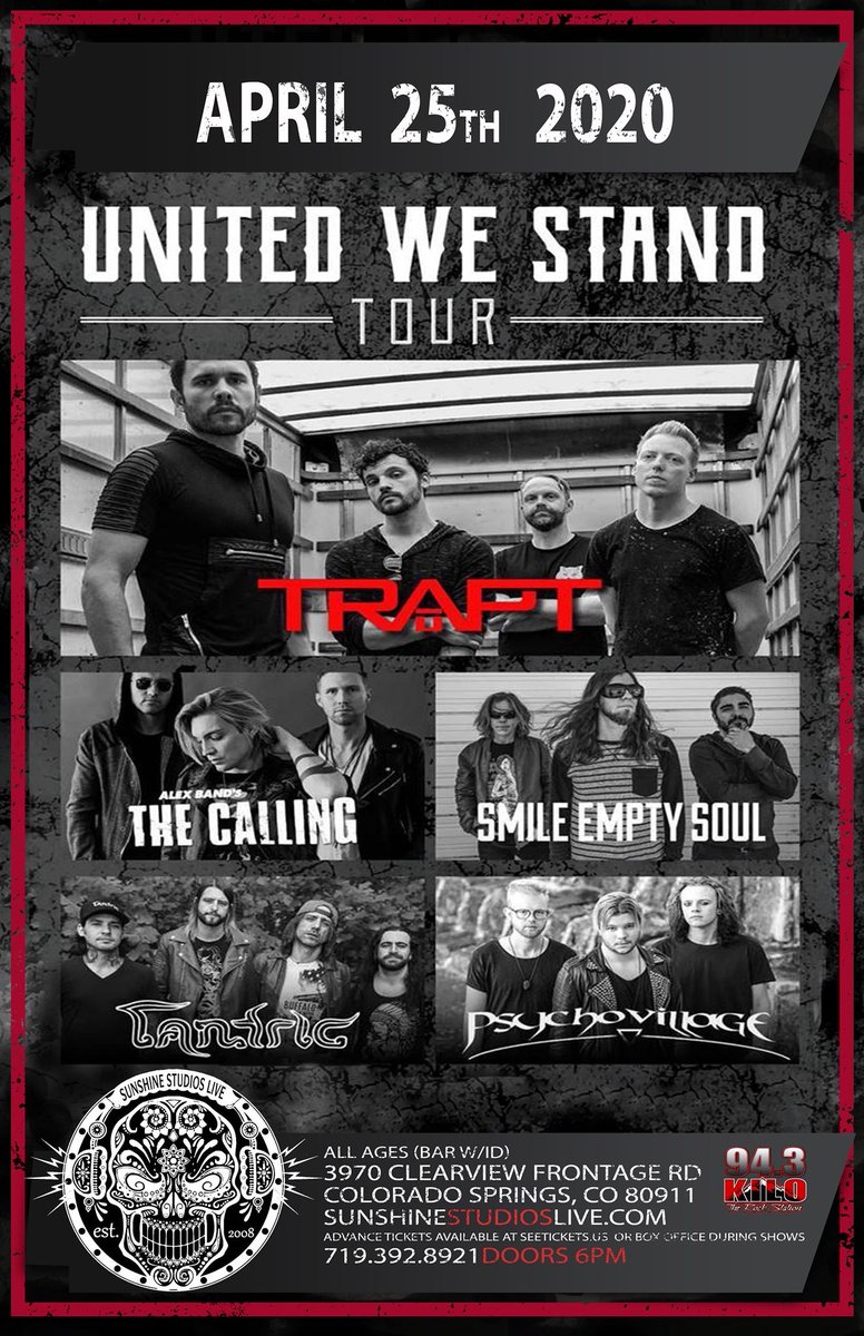 SStudiosLive's tweet photo. Concert Announcement : An all star line up with, @TRAPTOFFICIAL with @TheCallingMusic , @_smileemptysoul , @TantricOfficial and guests - psychovilliage.

🗓: April 25   
🖥: https://t.co/4m52Co3bCX 
🎟: On sale now https://t.co/U4zhMcb6S0 
🌎: Colorado Springs 
 #ssliverocks https://t.co/0dGrisdVhL