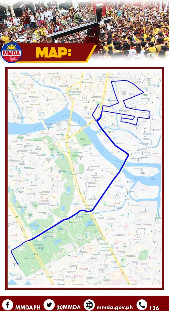 MMDA's tweet photo. Ruta ng prusisyon ng Itim na Nazareno sa Huwebes, Enero 9, 2020.

#mmda
#Traslacion2020 https://t.co/oIMACfnvIj