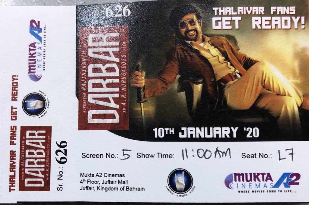 bhahirathi_v's tweet photo. First time ever in Bahrain :) Movie poster printed tickets with RMM logo :) Can’t wait to watch this with Rajinified fans ❤️@MuktaA2Cinemas You have set the Bars high ❤️❤️❤️ Way to go ! @Bahrain_RMM @rajinikanth @ARMurugadoss #DarbarTickets #bahrainrmm #darbarbahrainthiruvizha https://t.co/OoLlj90XW5