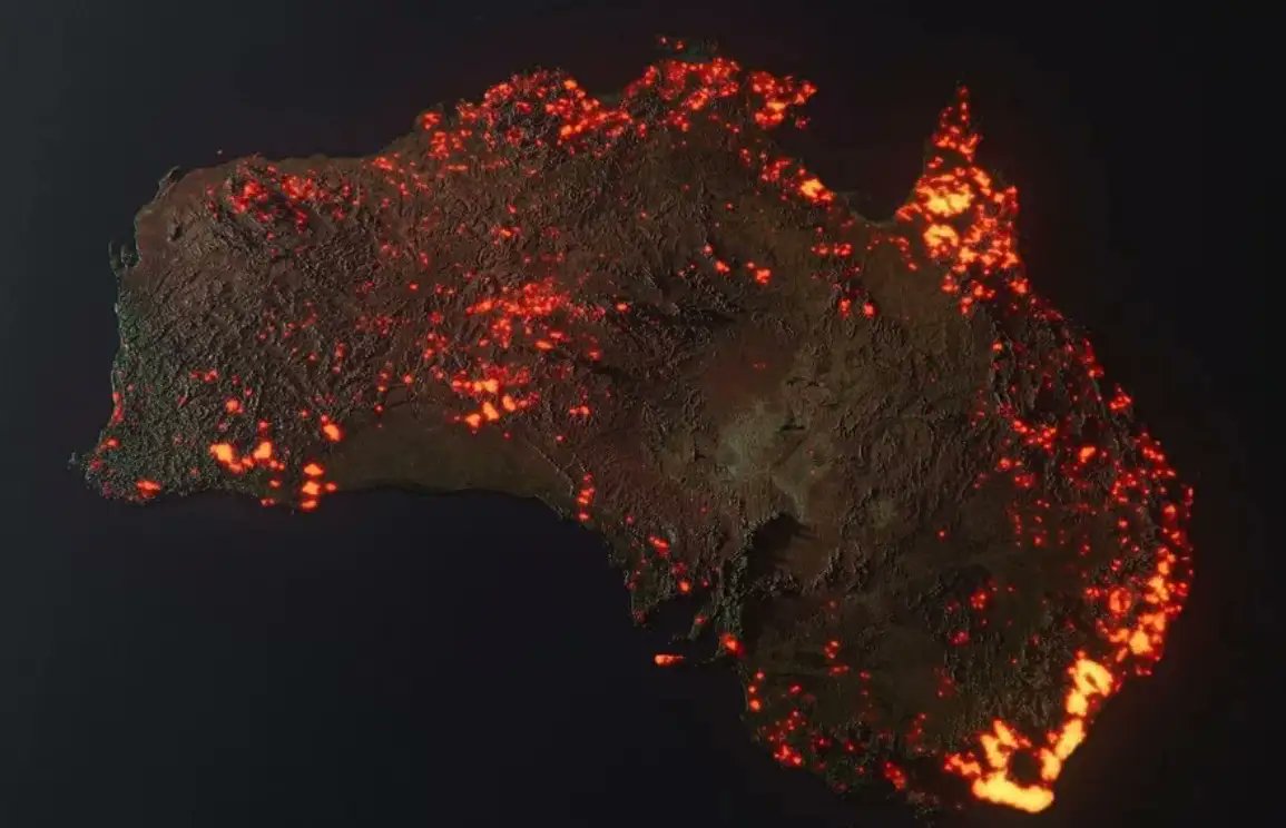 Ekendra's tweet photo. This is a 3D visualisation of the fires in #Australia. NOT A PHOTO. Think of this as prettier looking graph.

This is made from data from NASA’s FIRMS (Satellite data regarding fires) between 05/12/19 – 05/01/20. These are all the areas which have been affected by bushfires. https://t.co/rHagfHd9fr