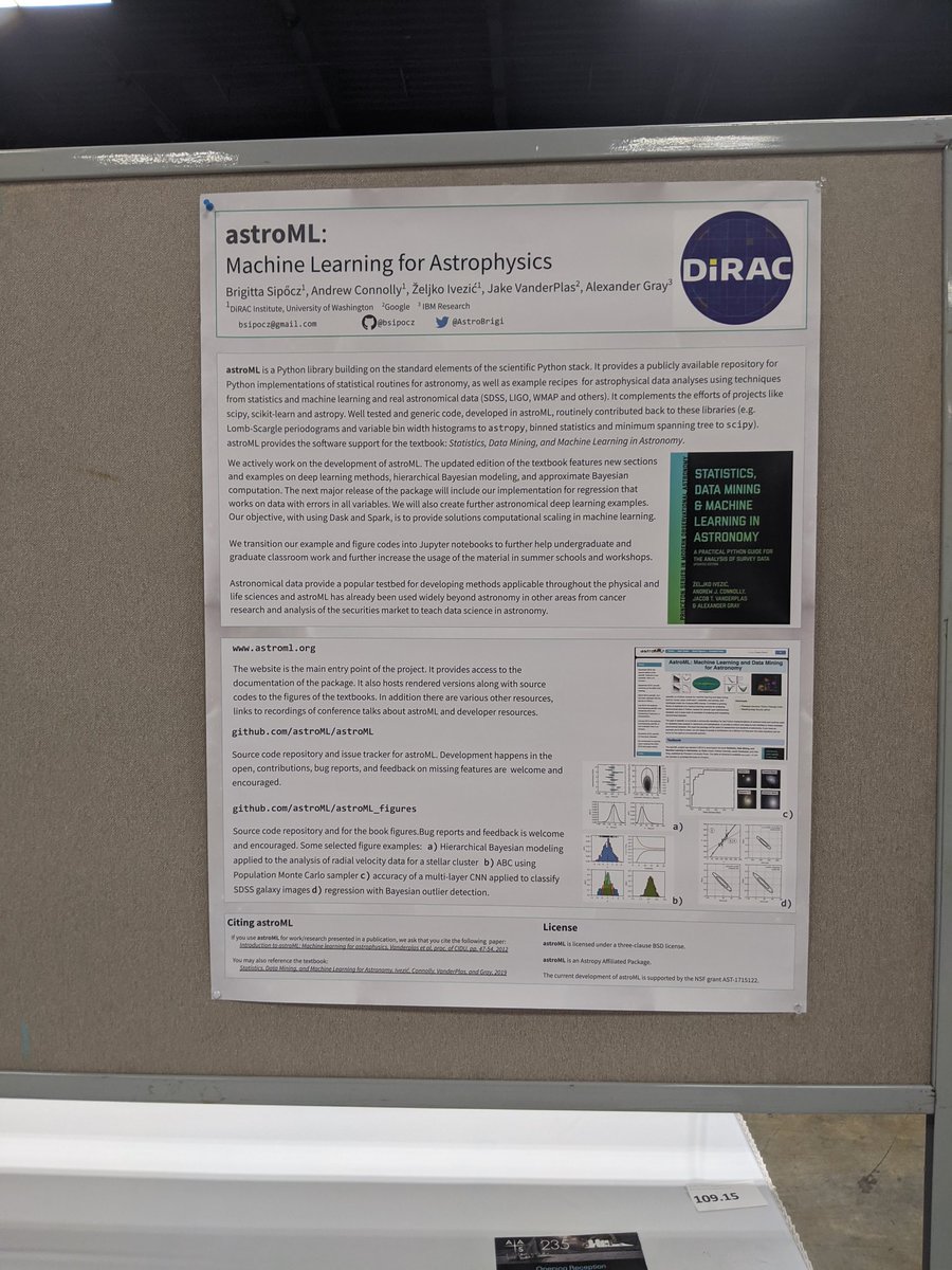 AstroBrigi's tweet image. #astroML and the new edition of the textbook at #AAS235. Have a look at the poster today, or come and find me to chat at the NumFOCUS/@astropy booth Tuesday afternoon, or check out the book at the @PrincetonUPress booth.