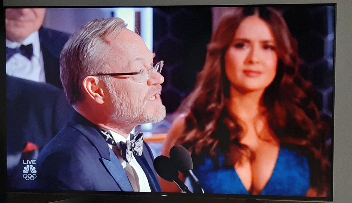JLCauvin's tweet photo. Chernobyl was the best show of 2019, but 2020 goes to the camera operator who felt the Chernobyl acceptance speech needed more Salma Hayek #GoldenGIobes https://t.co/r6m0aP69nL