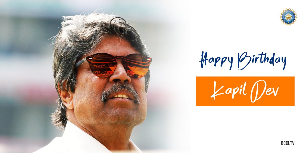 BCCI's tweet photo. Here's wishing #TeamIndia's greatest all-rounder and 1983 World Cup winning Captain @therealkapildev a very happy birthday 💐🎂 https://t.co/7Hgcfy49I2