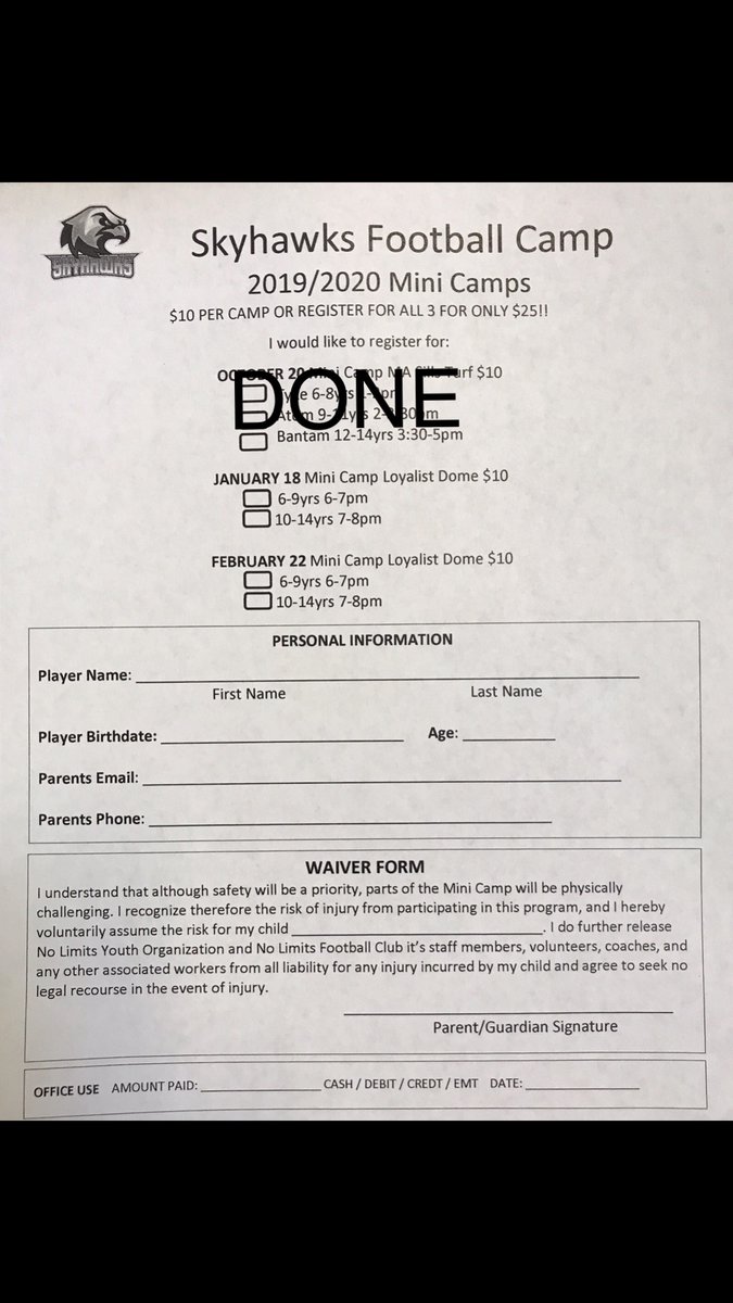 Register now for Skyhawks football camps in January and February at Loyalist sports dome. Ages 6-14. Email registration and emt to admin@nolimitsyouth.ca or in person Monday to Thursday 11-7:30pm at No Limits 100 Station St Belleville.