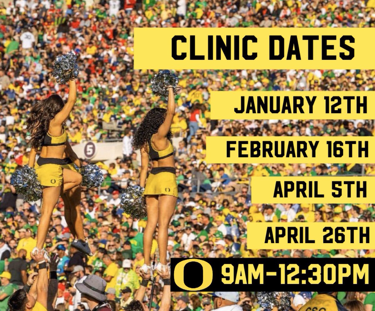 Thinking about becoming an Oregon Cheerleader? Join us at our scheduled College-prep clinics to help prepare for our 2020-2021 team tryouts! Checkout our Instagram for more details about our upcoming clinic!