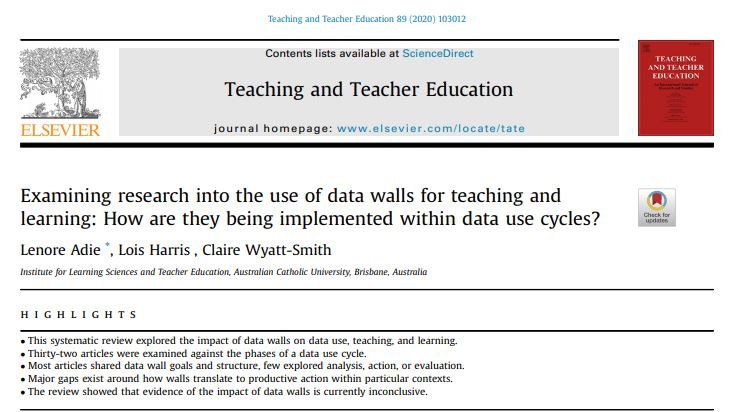 LSIA_ACU's tweet photo. New publication from Lenore Adie, Lois Harris & Claire Wyatt-Smith: 'Examining research into the use of data walls for teaching and learning: How are they being implemented within data use cycles?' - 50 days free access: https://t.co/U5szIQ2AdA @LSIA_ACU #DataWalls #Research https://t.co/BEEUGZ38zJ