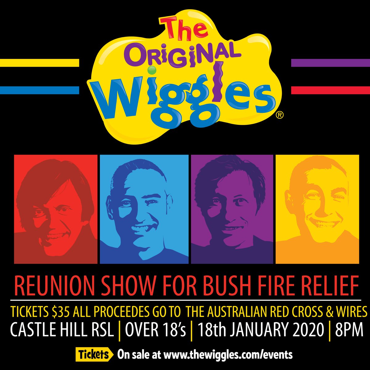 TheWiggles's tweet photo. OG Wiggles reunion show to raise some much-needed funds for bushfire relief. ALL proceeds from the show will be going to the Australian Red Cross and WIRES.

Over 18s show. Tickets go on sale tomorrow Jan 7th at 10:00am. Head to https://t.co/utDuq8SH1a for more info. https://t.co/PsurpTFFor